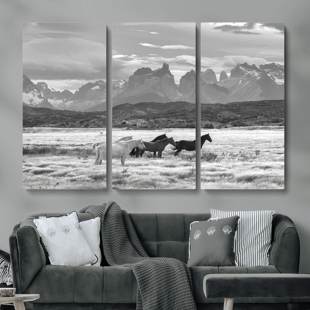 Wild Horses Wall Art | Framed Black White Mountain Canvas