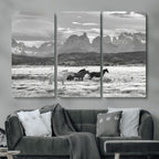 Wild Horses Wall Art | Framed Black White Mountain Canvas