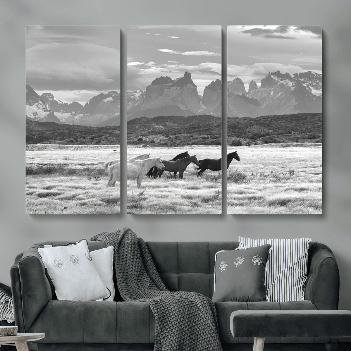 Wild Horses Wall Art | Framed Black White Mountain Canvas