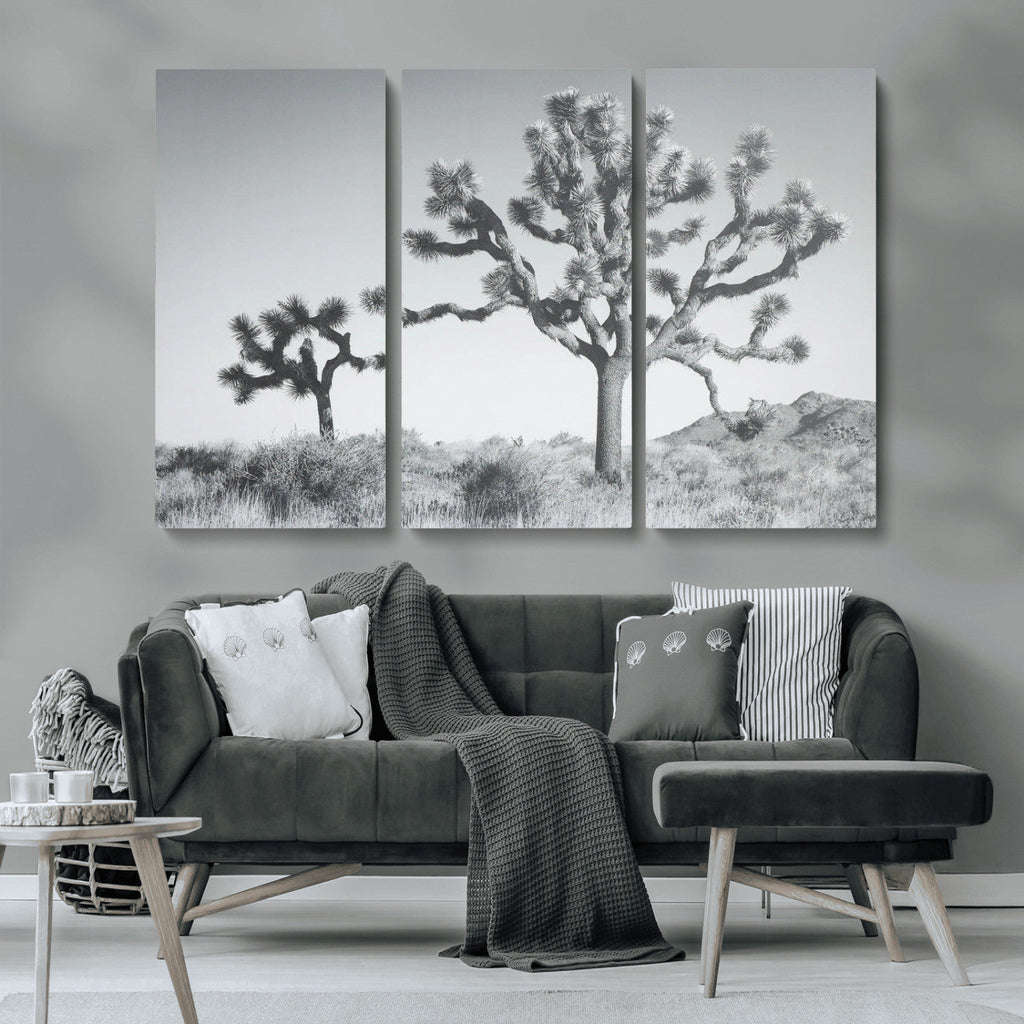 Joshua Tree Wall Art Canvas Print, Framed Black and White Desert Landscape Artwork