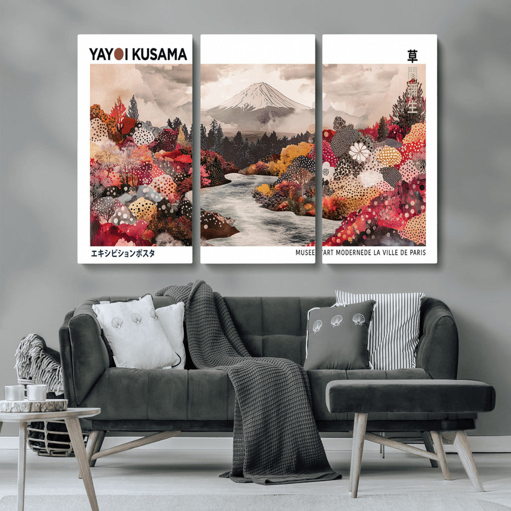 Modern Japanese Wall Art Canvas Print, Framed Abstract Mount Fuji Art, Yayoi Kusama Japanese Landscape