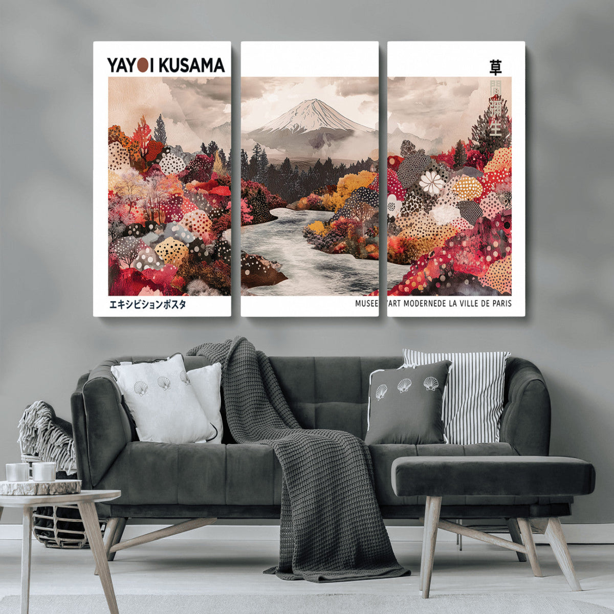 Modern Japanese Wall Art Canvas Print, Framed Abstract Mount Fuji Art, Yayoi Kusama Japanese Landscape