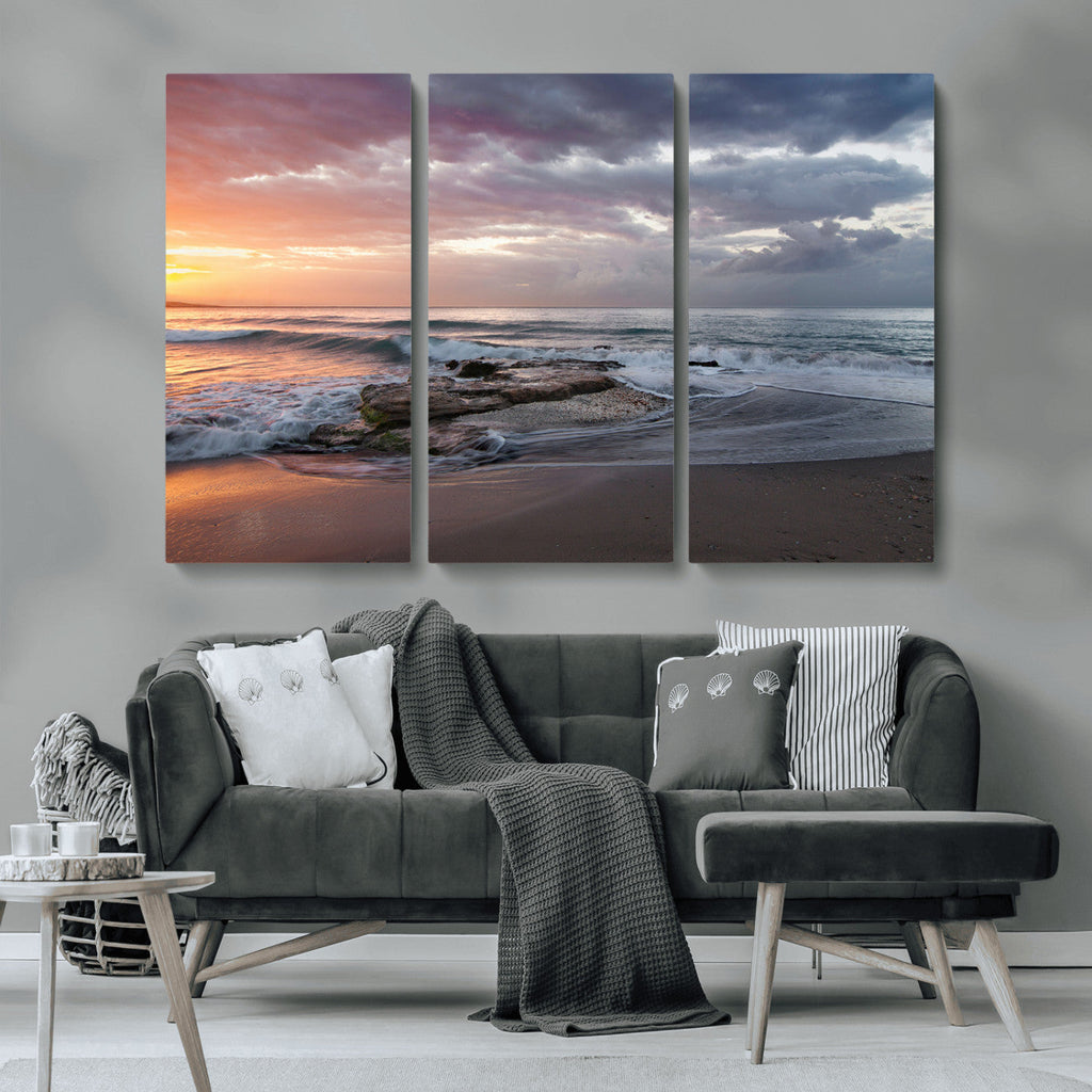 Golden Hour Wall Art Canvas Print, Framed Tranquil Waves Beach Sunset