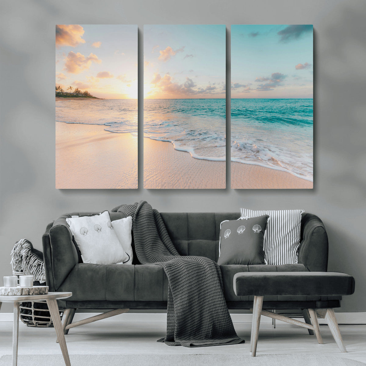 Beach Sunset Wall Art Canvas Print, Framed Ocean Waves Summer Escape