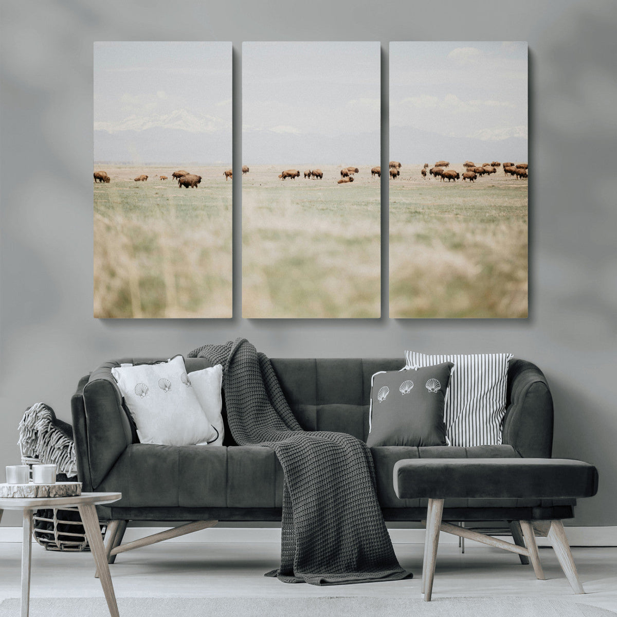 Bison Herd Wall Art Canvas Print, Framed Western Ranch Nature Scene