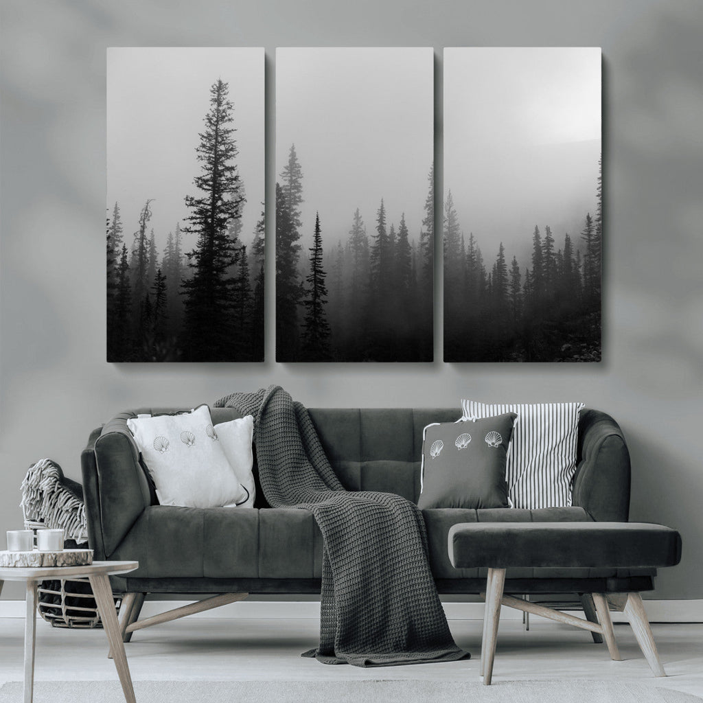 Misty Pines Wall Art Canvas Print, Framed Woodland Minimalist Black and White