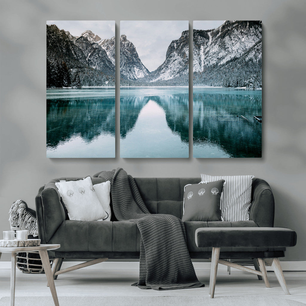 Mountain Lake Wall Art Canvas Print, Framed Toblacher See Winter Wonderland