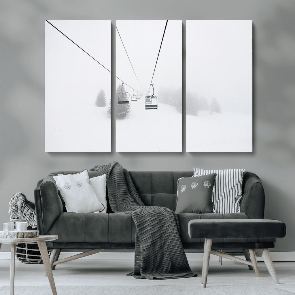 Ski Lift Wall Art Canvas Print, Framed Snowy Landscape Art, Alpine Adventure Nordic Minimalist Decor