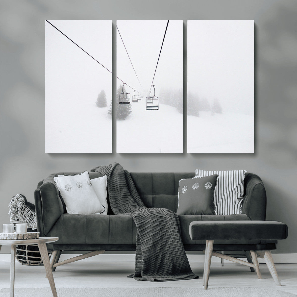 Ski Lift Wall Art Canvas Print, Framed Snowy Landscape Art, Alpine Adventure Nordic Minimalist Decor