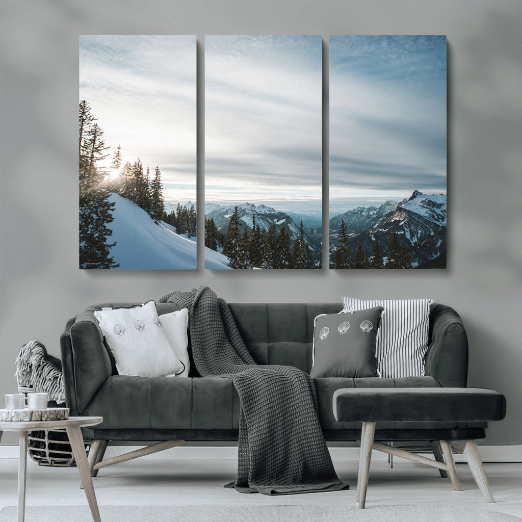 Snowy Mountains Wall Art Canvas Print, Framed Alpine Landscape Frosty Peaks Artwork