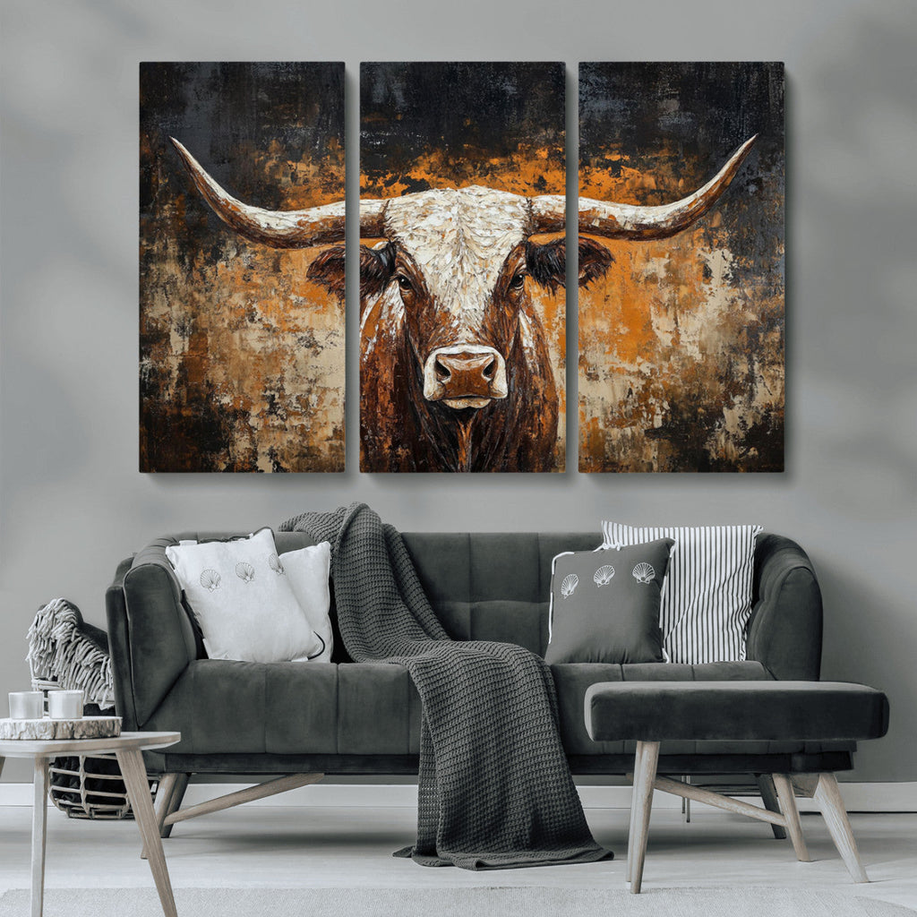 Abstract Longhorn Bull Wall Art Canvas Print, Vintage Western Texas Steer Artwork