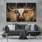 Abstract Longhorn Bull Wall Art Canvas Print, Vintage Western Texas Steer Artwork