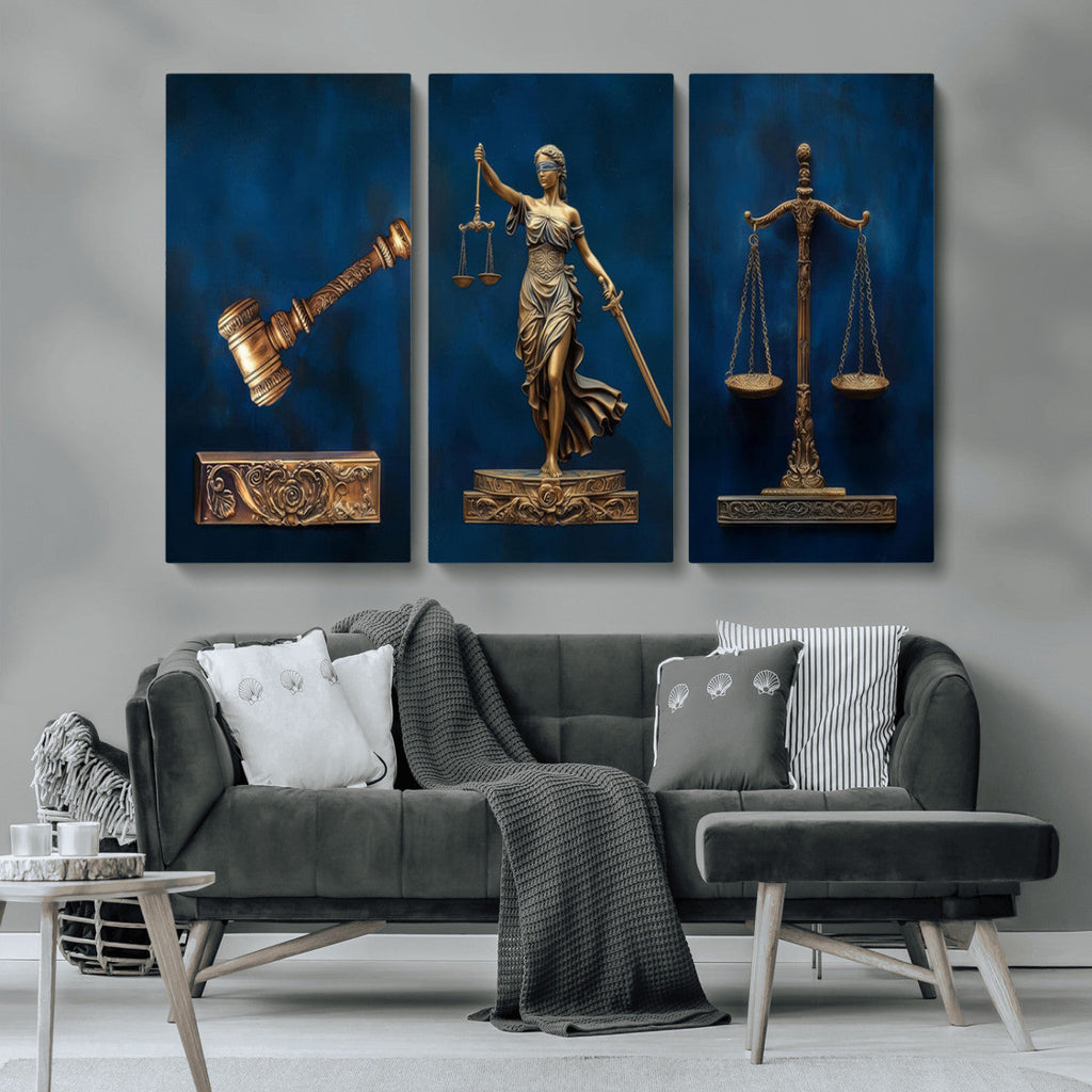 Lady Justice Wall Art Canvas Print, Elegant Gold Legal Symbols on Blue, Law Office Decor