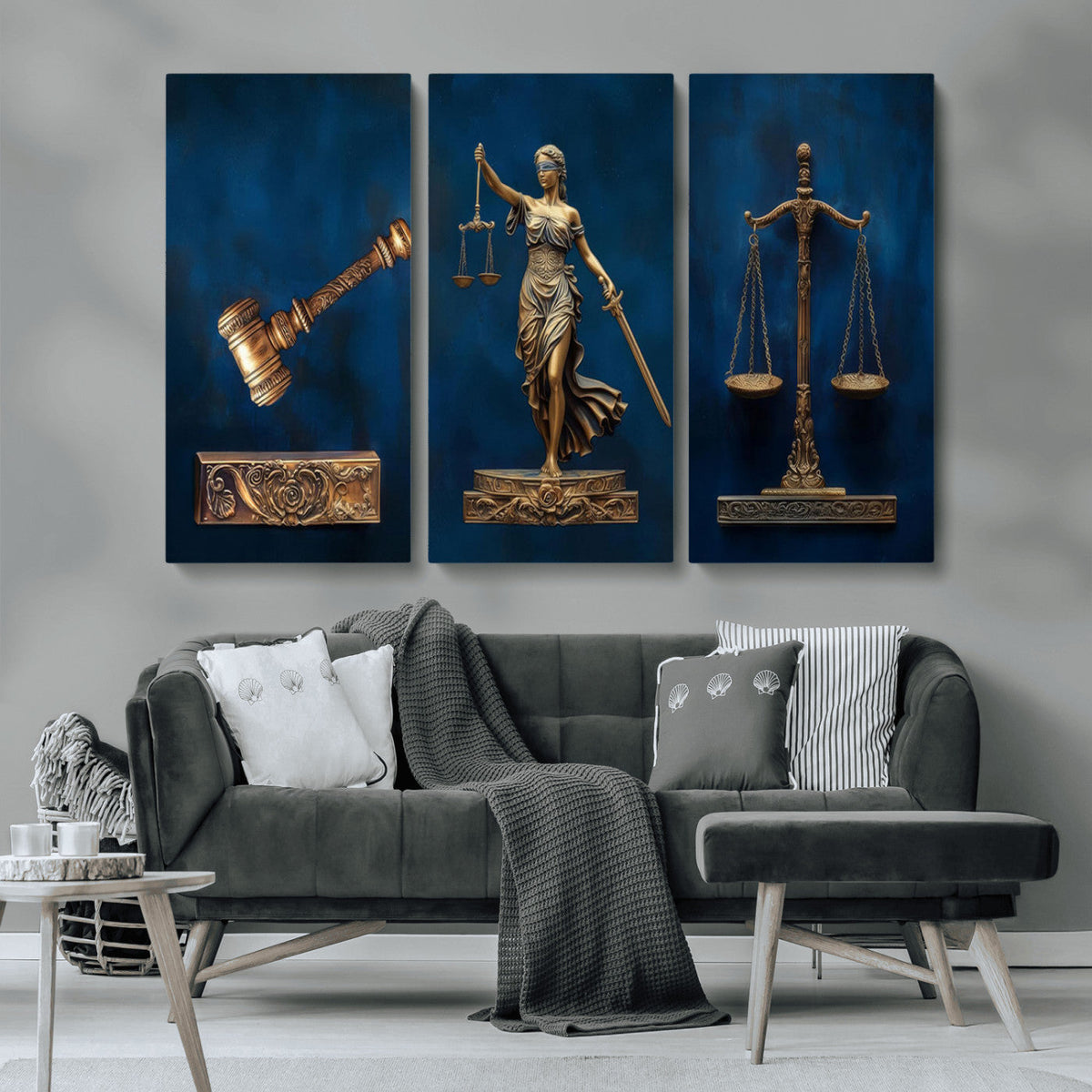 Lady Justice Wall Art Canvas Print, Elegant Gold Legal Symbols on Blue, Law Office Decor