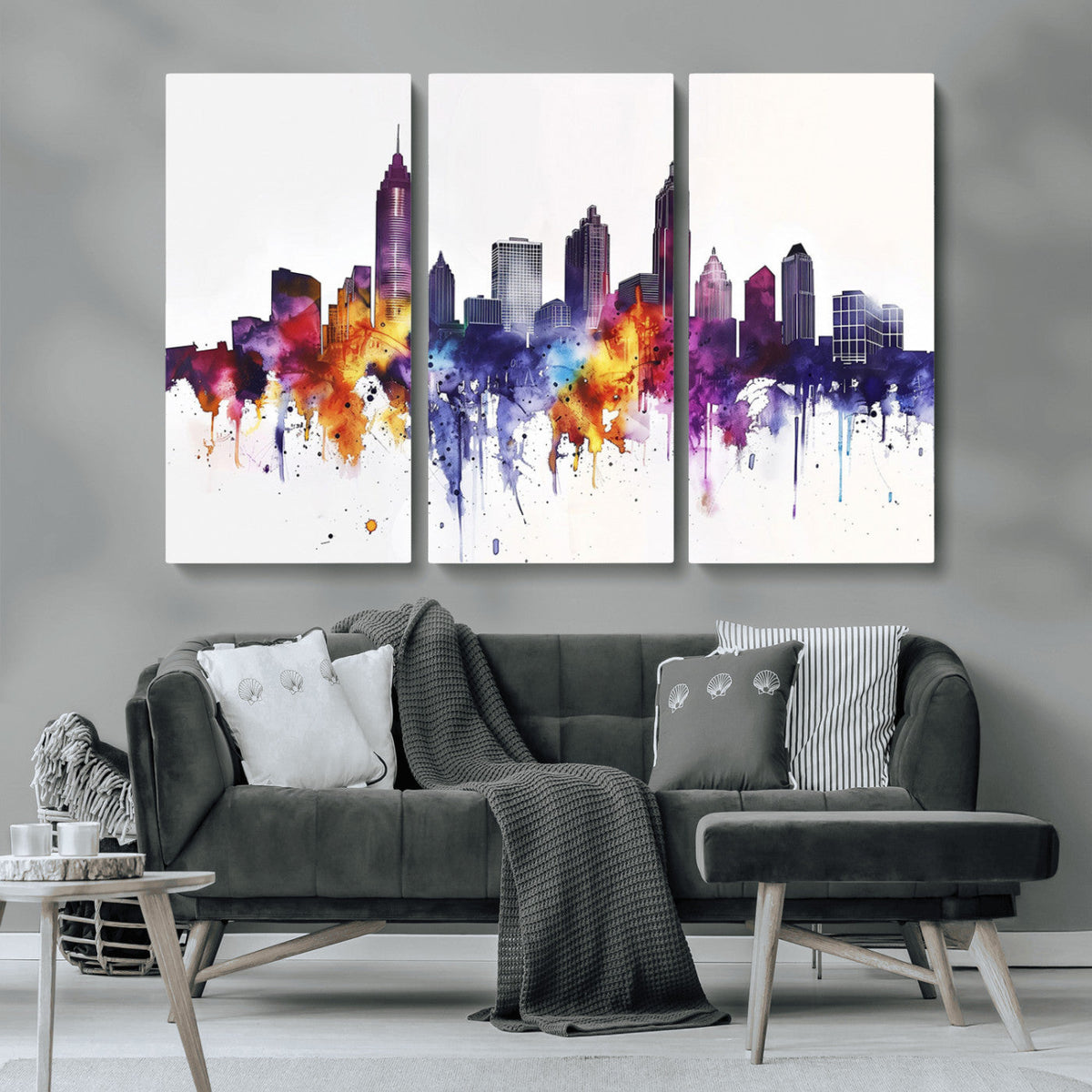 Atlanta Skyline Wall Art Canvas Print, Framed Colorful Watercolor Cityscape