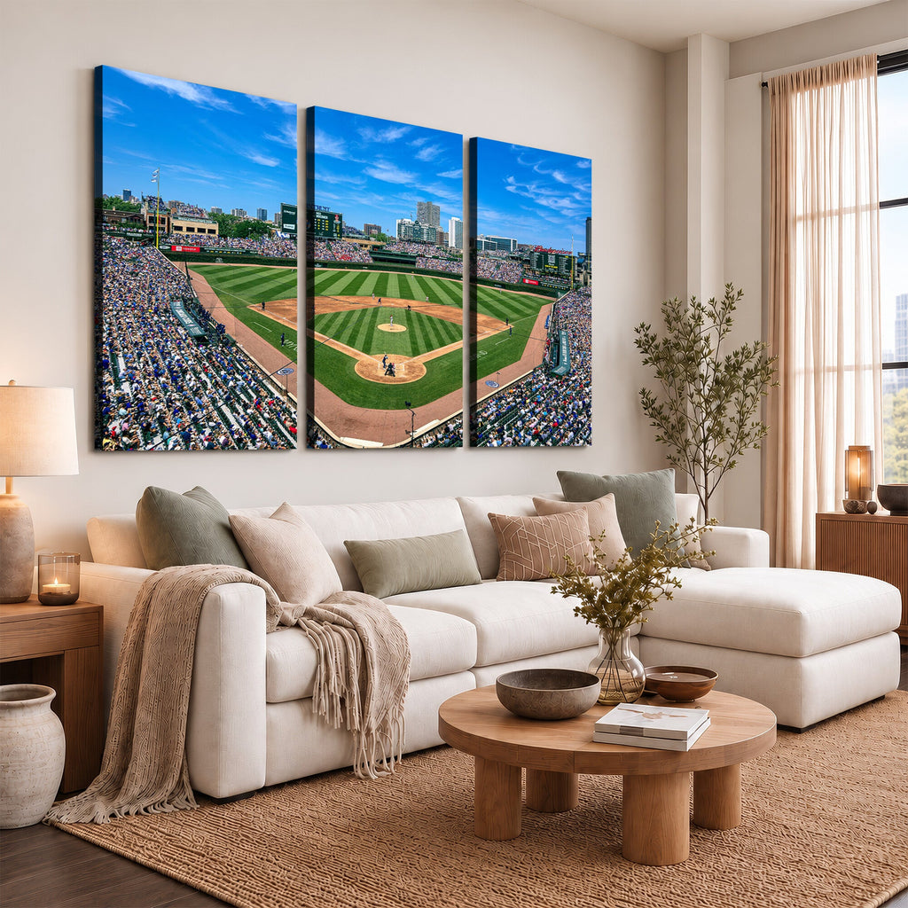 Wrigley Field Baseball Stadium Canvas Wall Art, Packed Crowd and Chicago Skyline