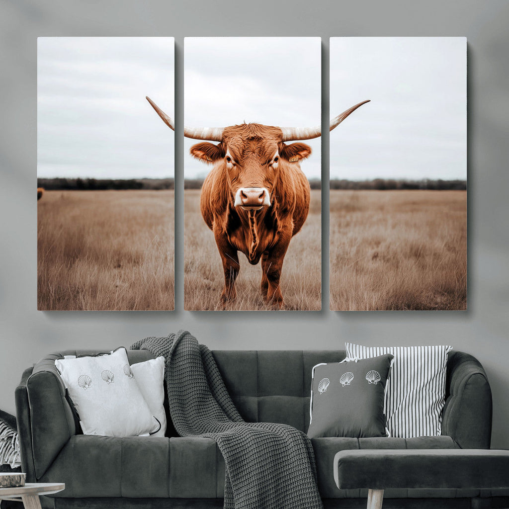 Longhorn Bull Wall Art Canvas Print, Framed Rustic Decor