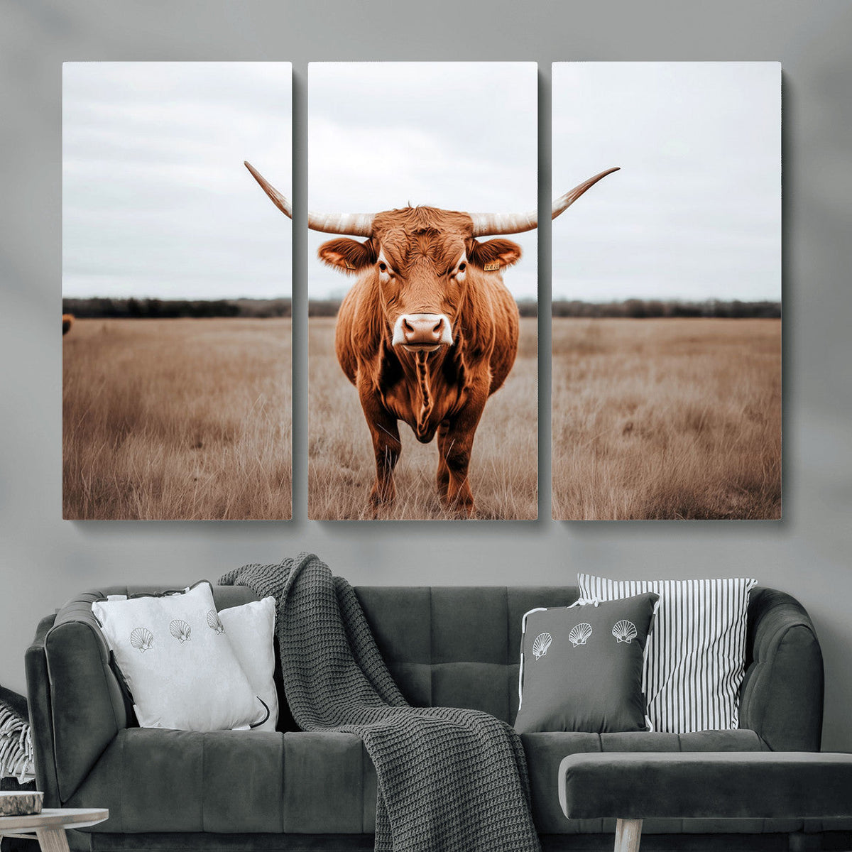Longhorn Bull Wall Art Canvas Print, Framed Rustic Decor