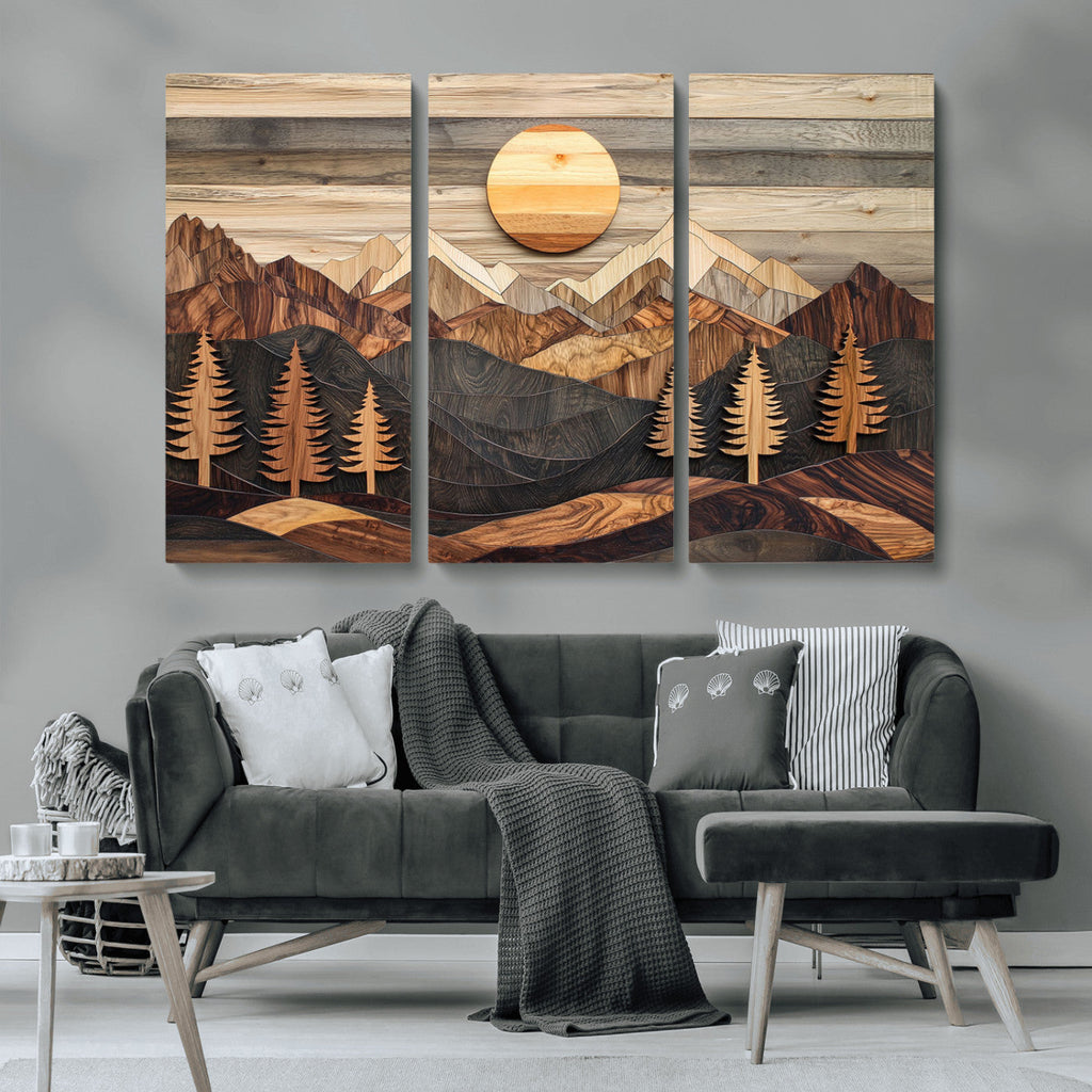 Wooden Mountain Layers Art | Rustic Pine Tree Landscape