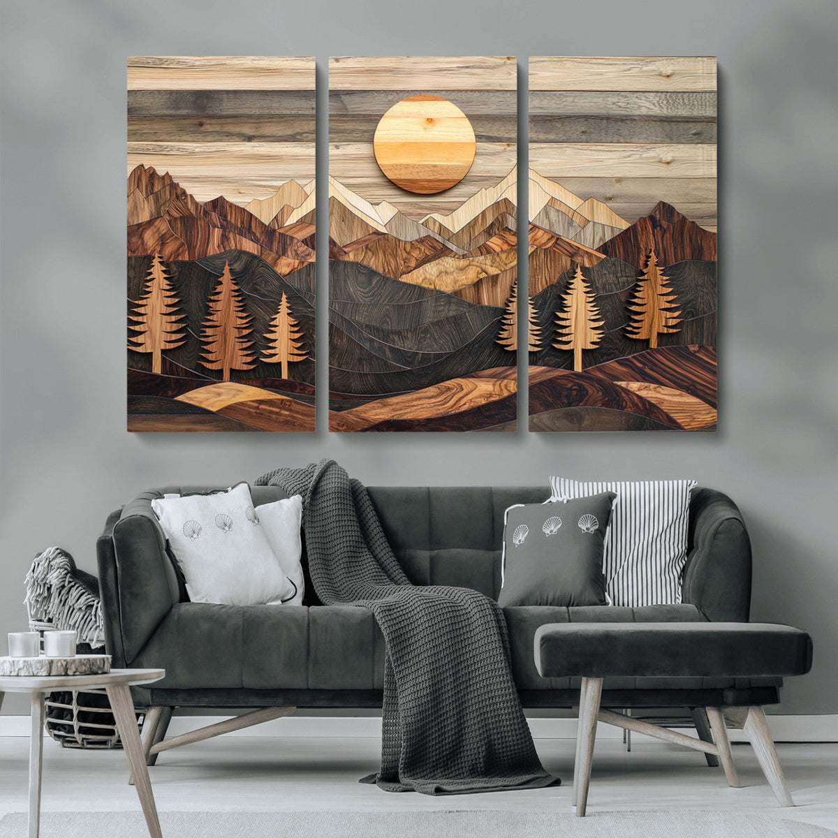 Wooden Mountain Layers Art | Rustic Pine Tree Landscape