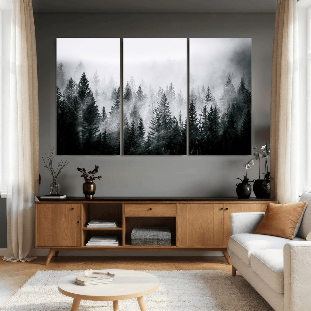 Foggy Forest Wall Art Canvas Print, Mountain Woodland Landscape, Minimal Nature Decor