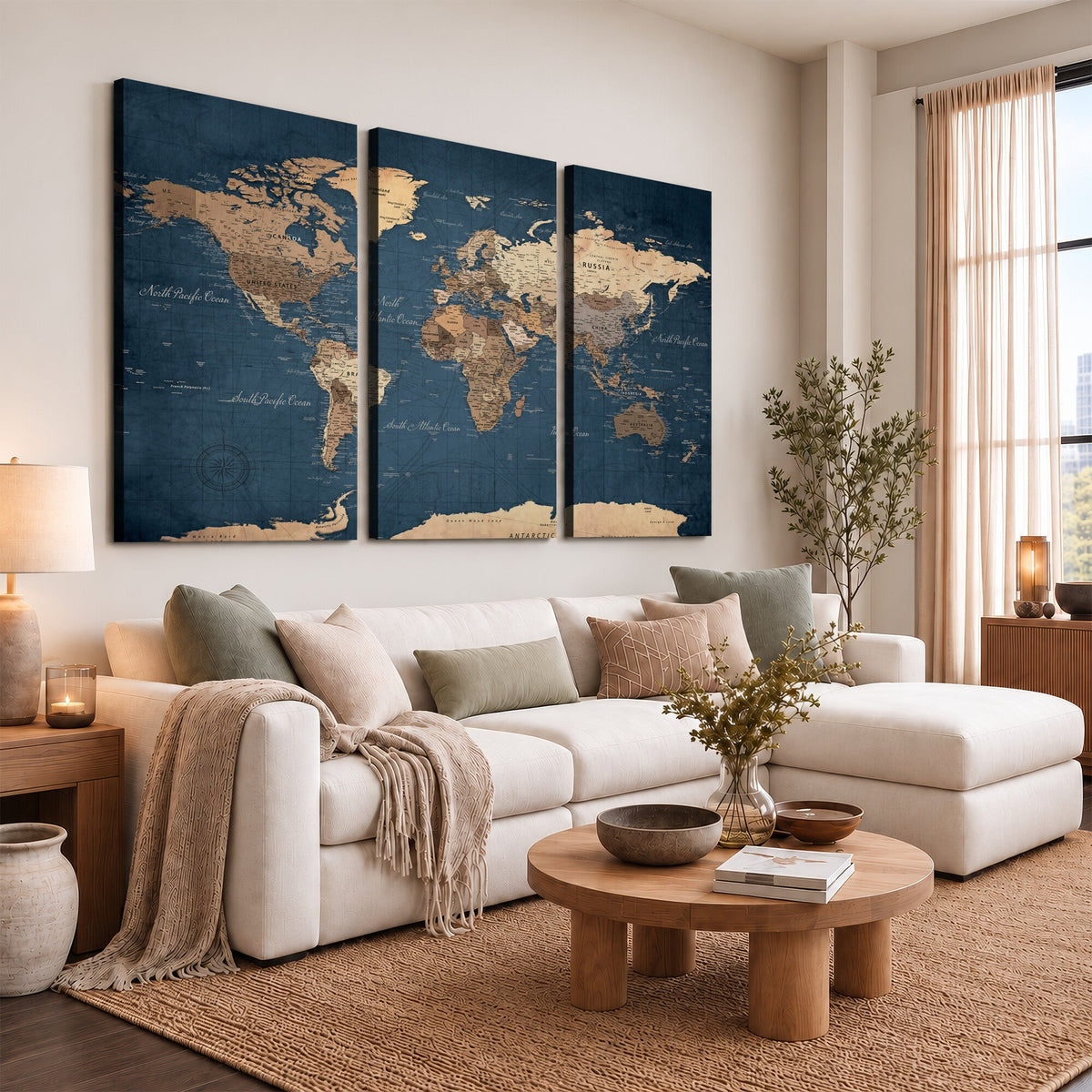 Navy Blue World Map Canvas Print | Framed Travel Map Wall Art