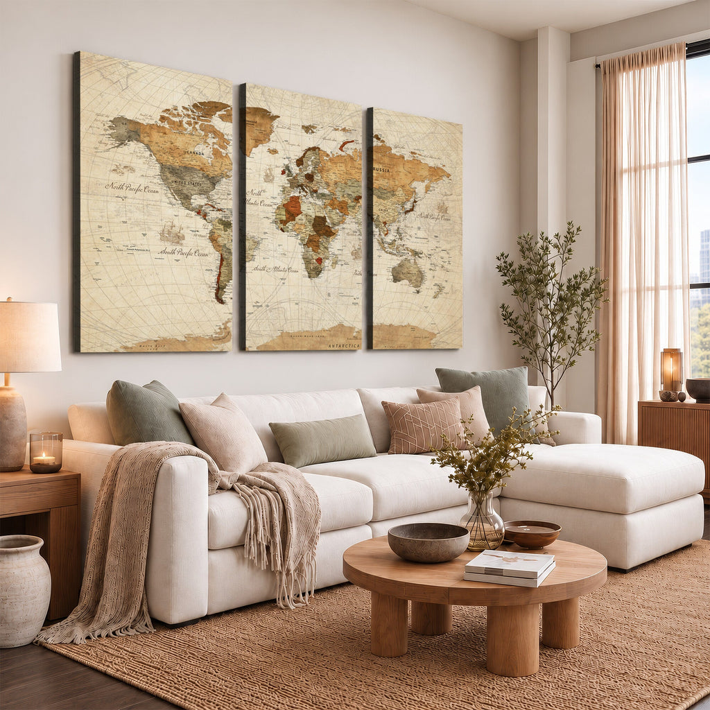 Rustic Vintage World Map Canvas Print | Framed Modern Vintage Travel Map Wall Art