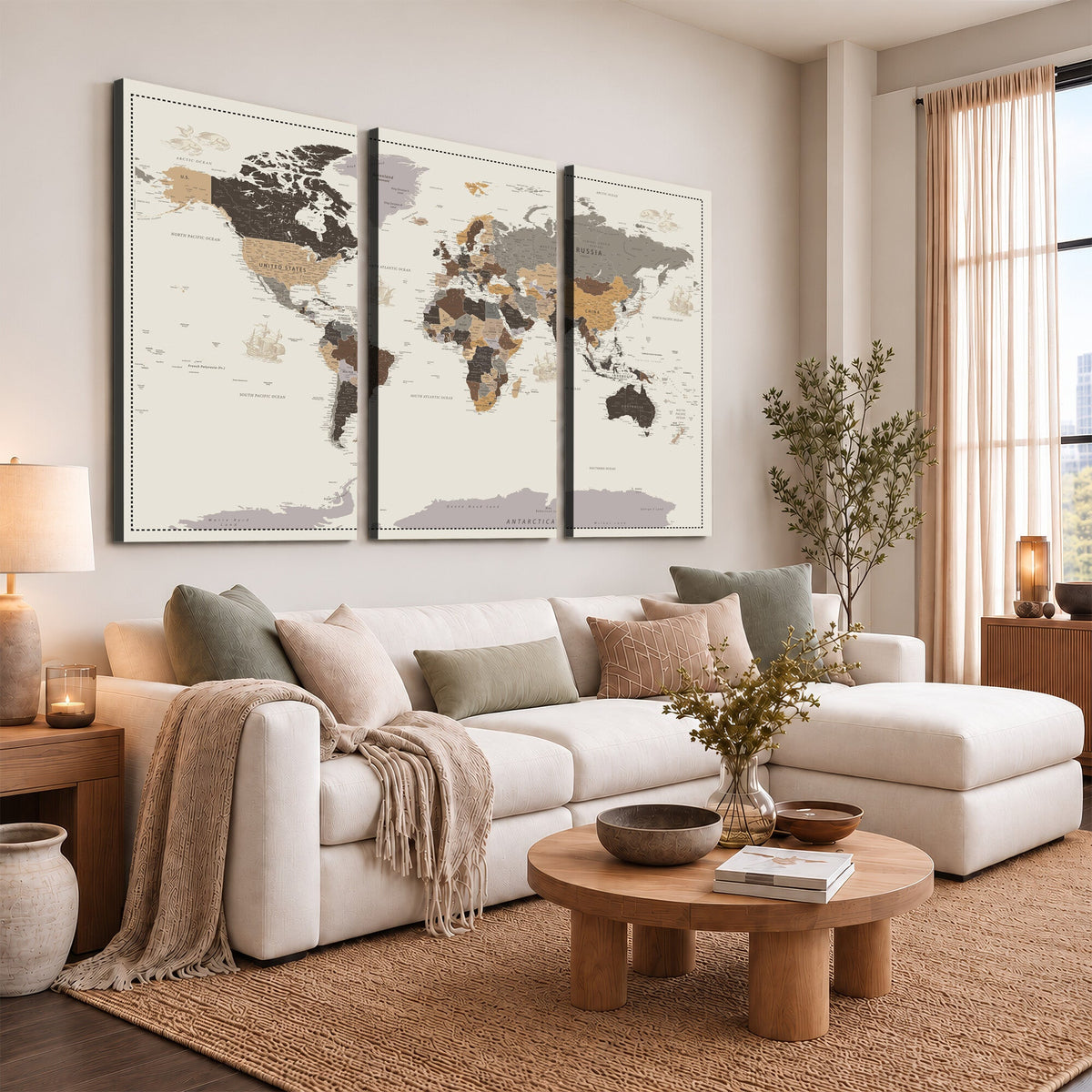 Custom Beige Modern Push Pin World Map Canvas Print, Places Visited Tracker, Bedroom and Study Decor