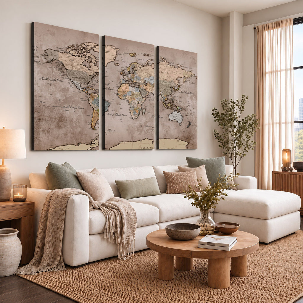 Grunge World Map Canvas Wall Art - Vintage Aged World Map with Golden Tones