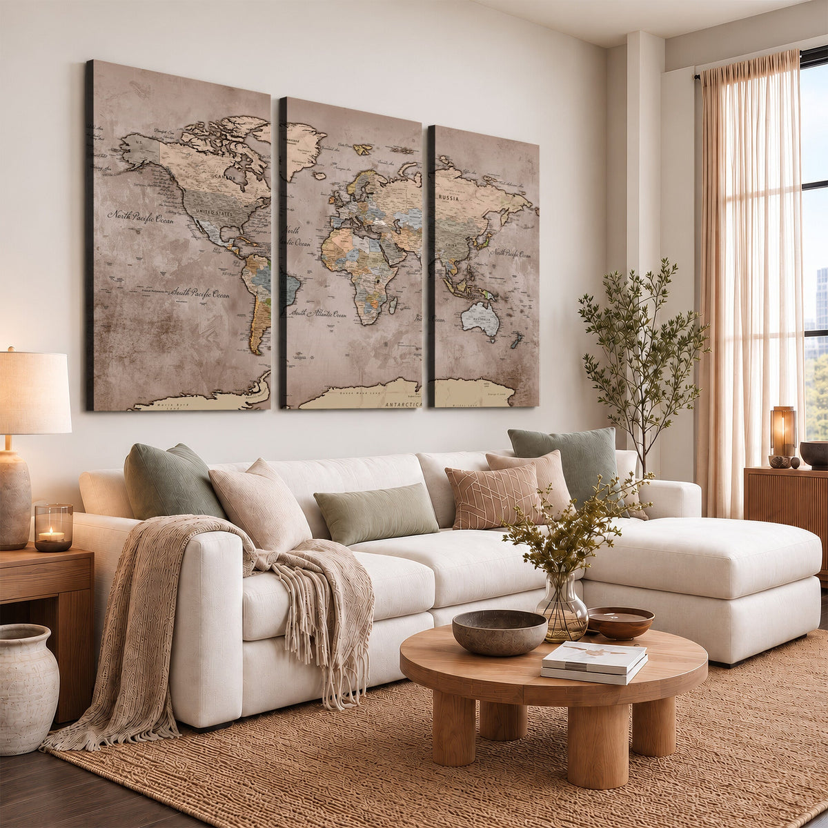 Grunge World Map Canvas Wall Art - Vintage Aged World Map with Golden Tones