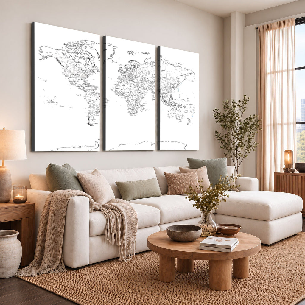 World Map Canvas Print, Framed Modern Detailed Map of the World for Home or Office