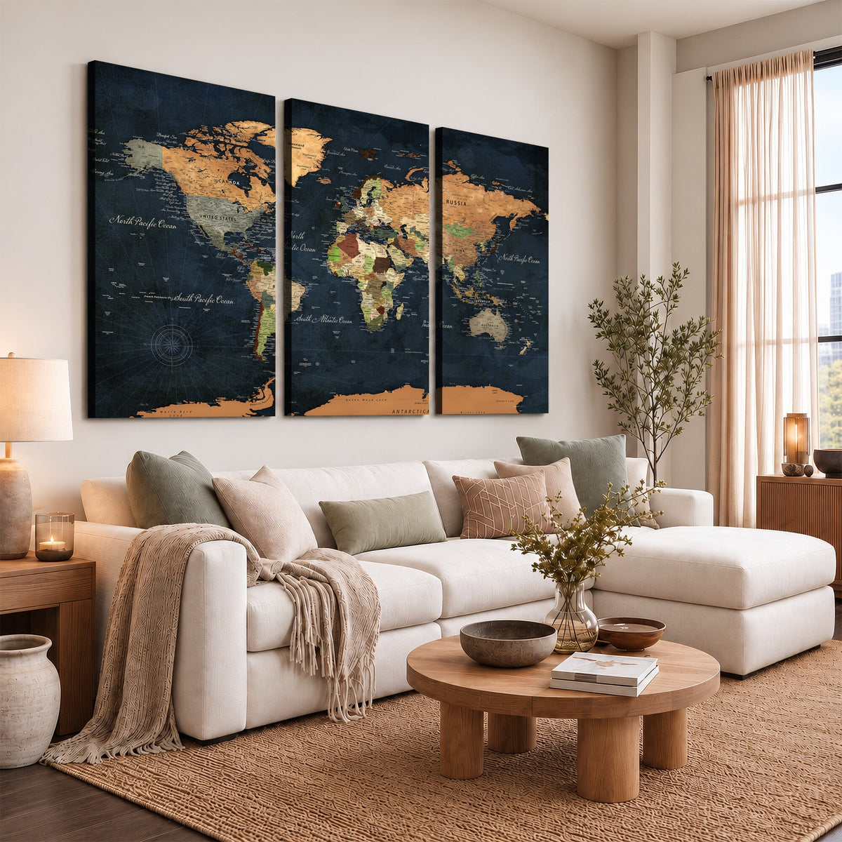 Vintage World Map Canvas Wall Art | Detailed Map with Countries, Oceans and Continents
