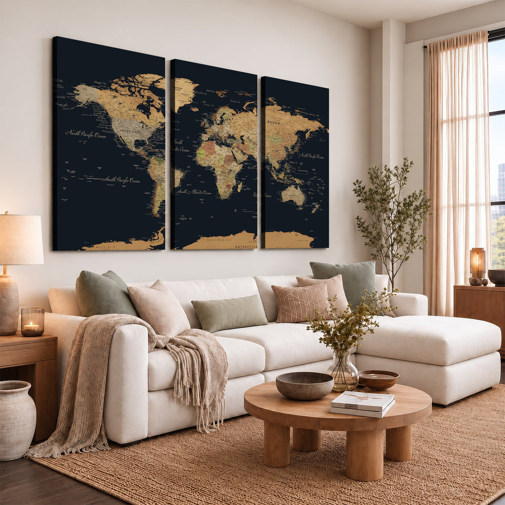 Vintage World Map Earth Globe Countries Oceans Continents