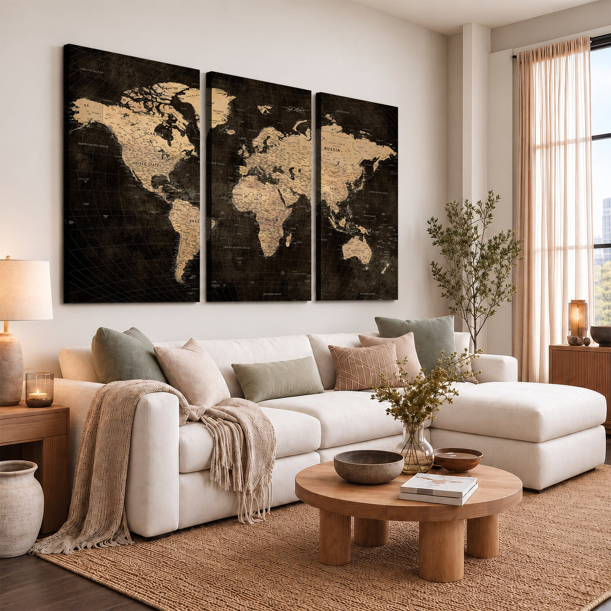 Brown World Map Canvas Print | Modern Travel Map Wall Art