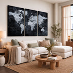 Black World Map Canvas Print | Detailed Map for Couples and Anniversary Gift