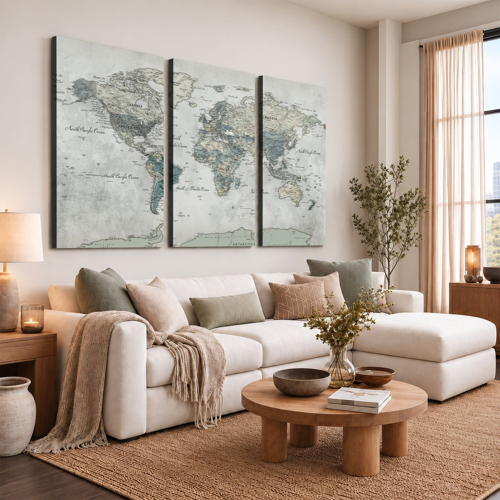 Neutral Vintage World Map Canvas Wall Art Print, Classic Map Artwork