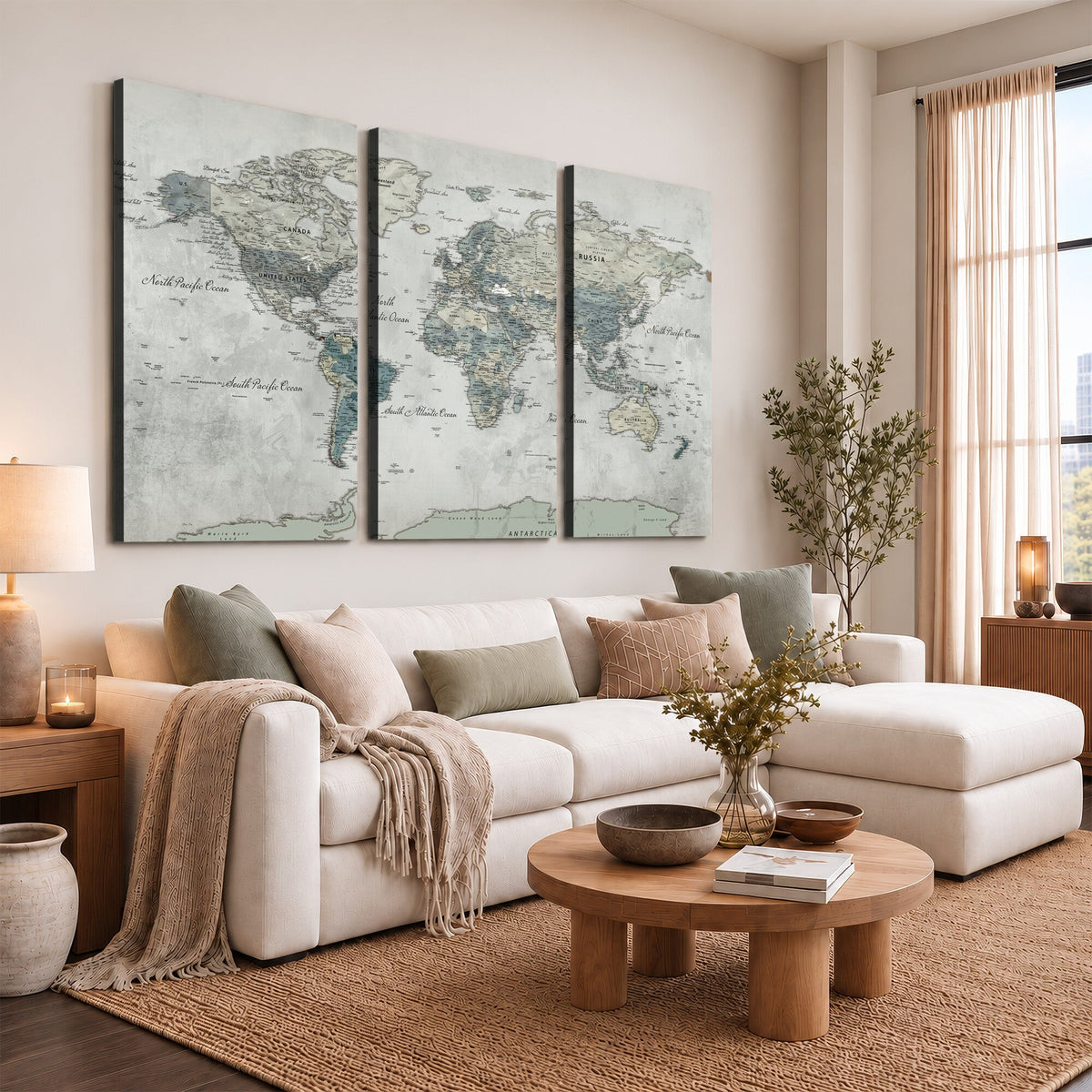 Neutral Vintage World Map Canvas Wall Art Print, Classic Map Artwork