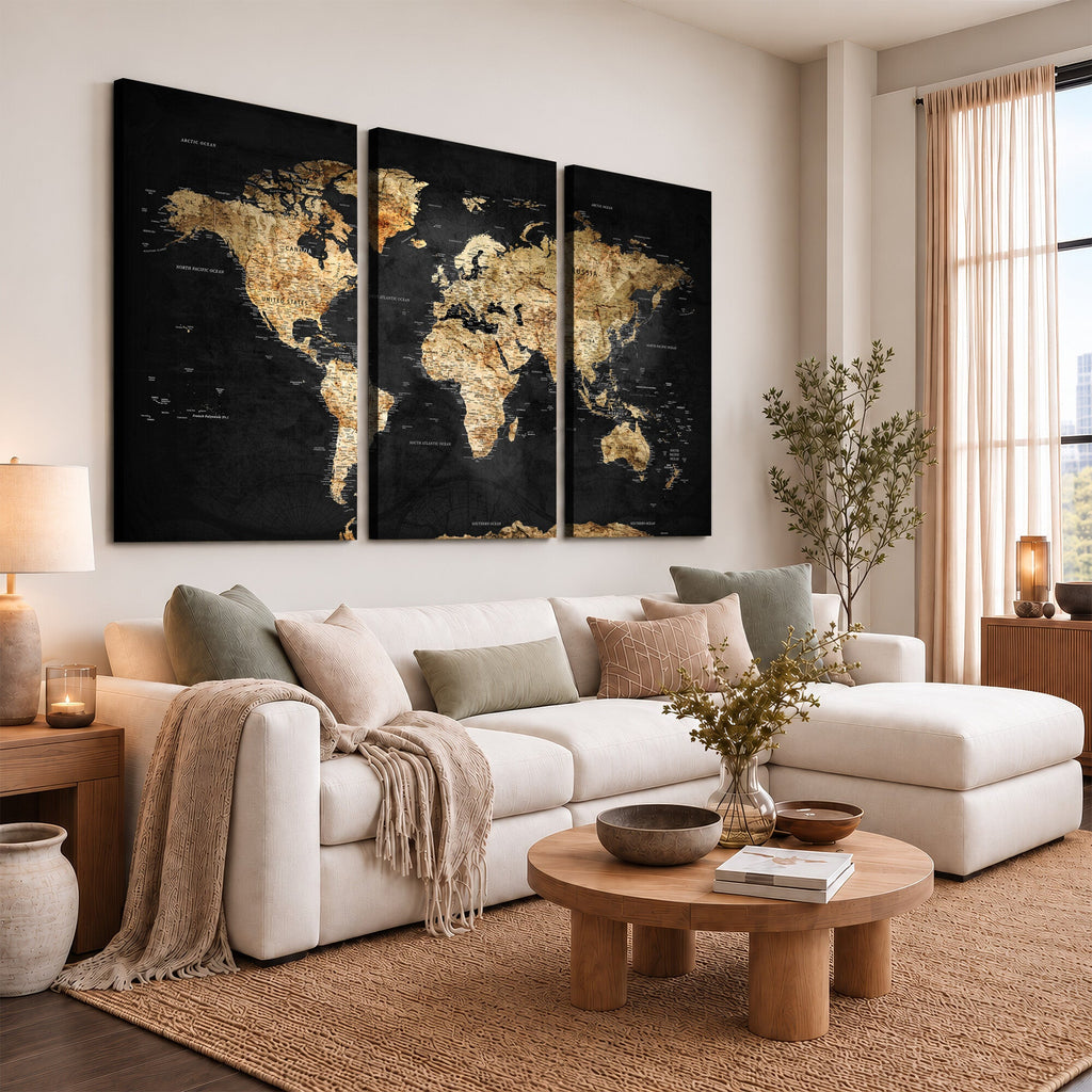 World Map Canvas Wall Art with Famous Landmarks | Framed Travel Map