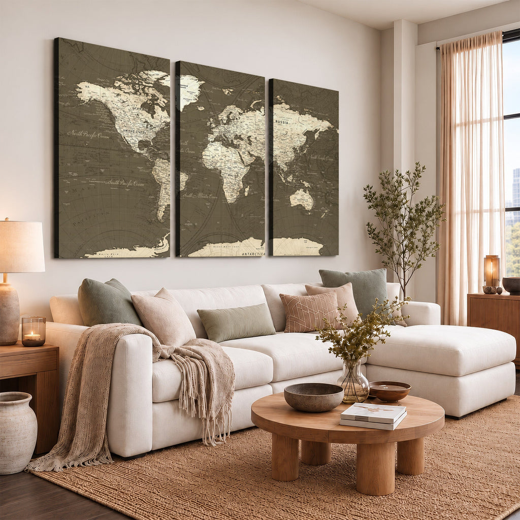 Vintage World Map Canvas Print | Framed Travel Map Wall Art for Couples