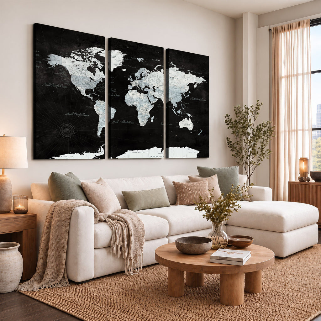 World Map Canvas Print | Framed Push Pin Wall Art, Color Splash Travel Map