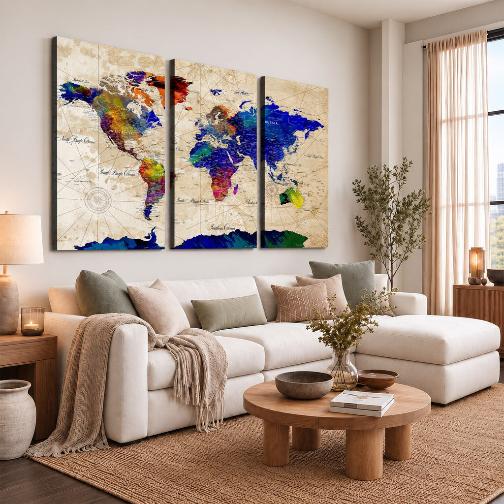 Watercolor World Map Canvas Print | Framed Wall Art for Couples