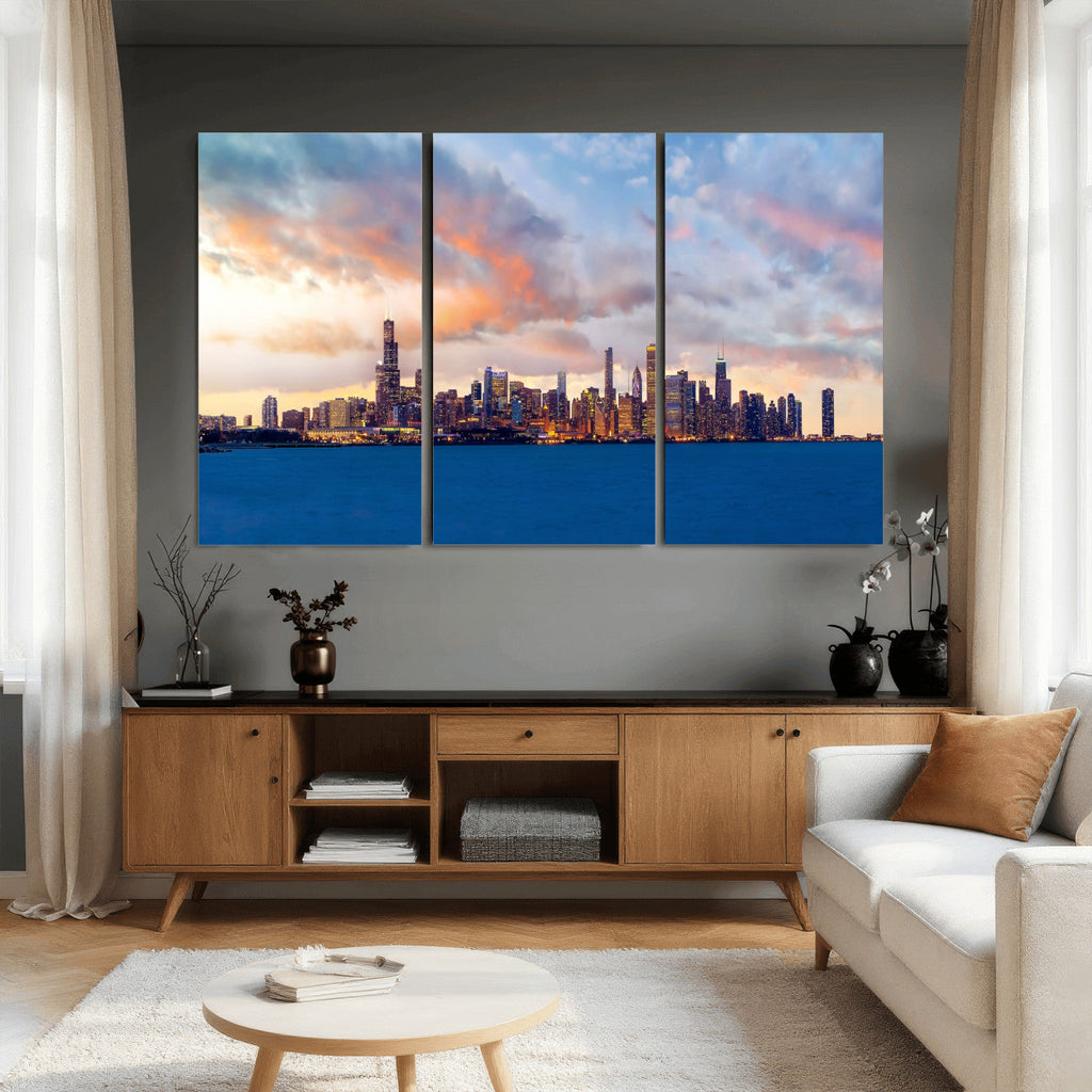 Chicago Wall Art Canvas Print - Chicago City Downtown Night Cityscape