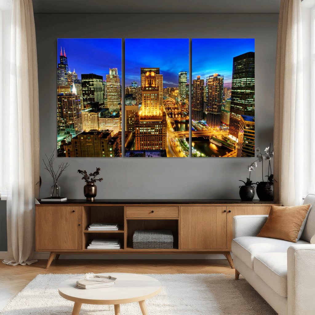 Chicago Wall Art Canvas Print - Chicago City Downtown Night Cityscape