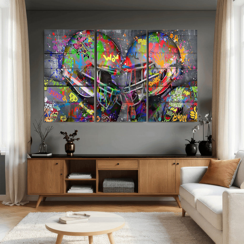 Graffiti Football Helmets Wall Art Canvas Print, Urban Street Art