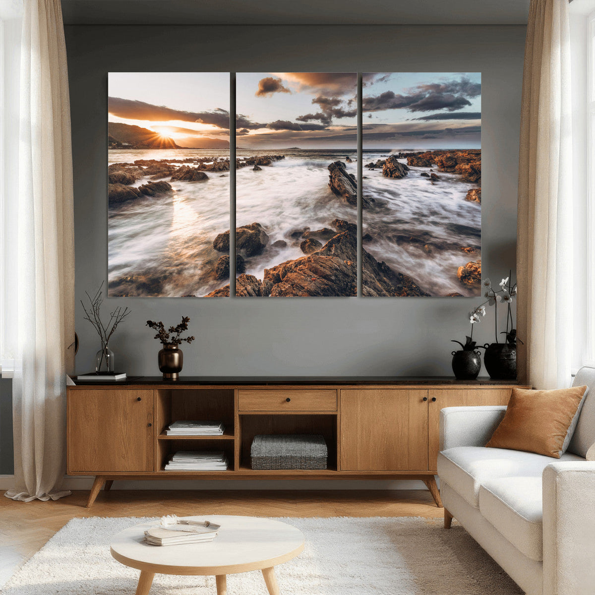 Rocky Coast Ocean Sunset Wall Art Canvas Print, Dramatic Seascape Nature Decor