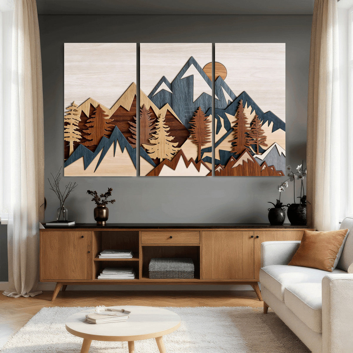 Layered Wooden Mountain Wall Art Canvas Print, Modern Rustic Forest and Pine Landscape