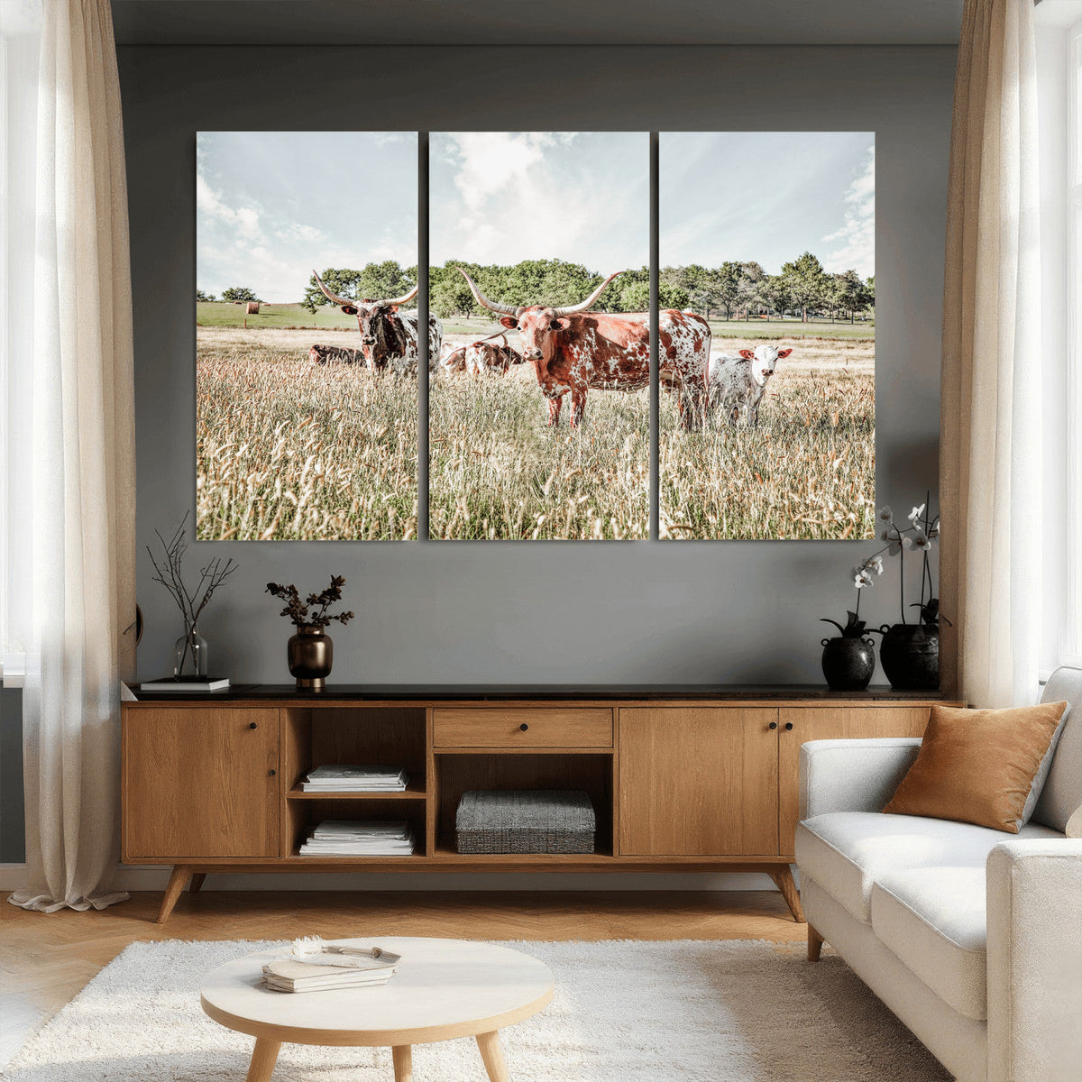 Texas Longhorn Cattle Wall Art Canvas Print, Western Ranch Landscape Decor