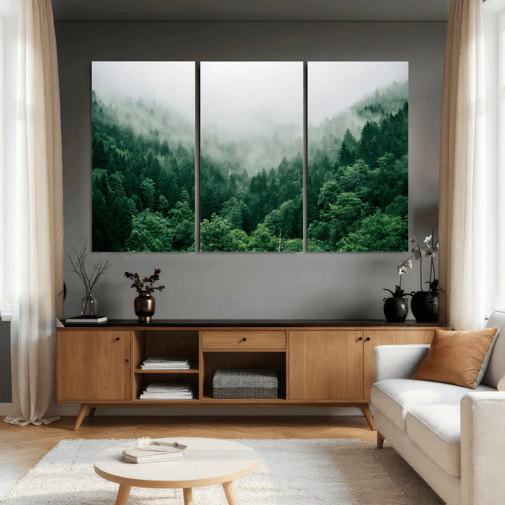Misty Pine Forest Wall Art Canvas Print, Foggy Evergreen Landscape