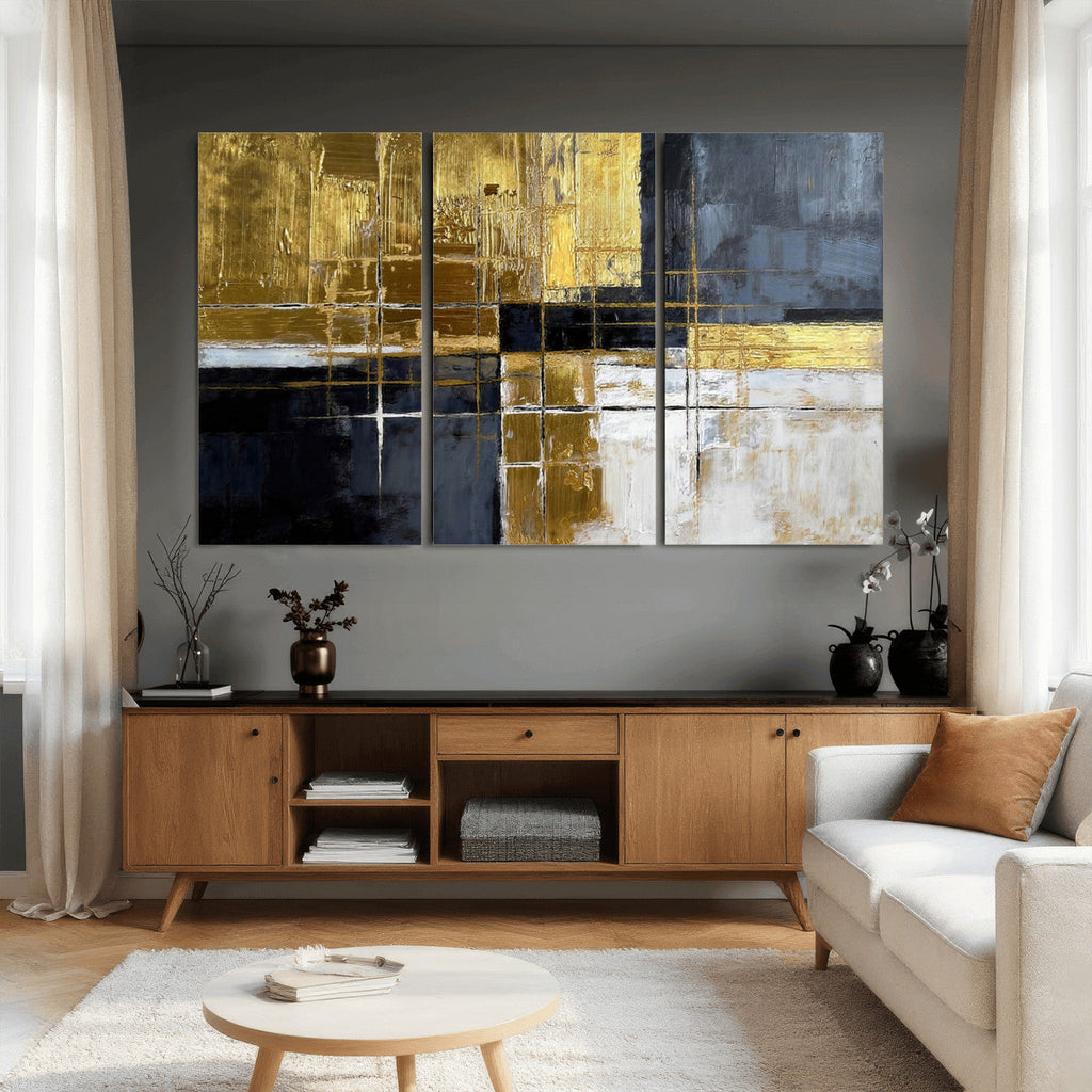 Gold Navy Abstract Wall Art Canvas Print, Modern Luxury Geometric Art for Living Room and Office