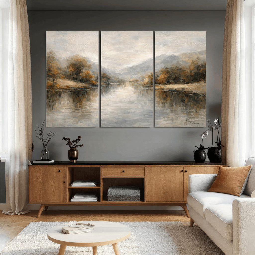 Neutral Abstract River Landscape Wall Art Canvas Print